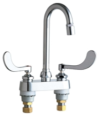 Chicago Faucets 895-317E29XKABCP 4 inch Center Deck Mounted Sink Faucet with Rigid/Swing Gooseneck Spout, 2.2 GPM Pressure Compensating Laminar Flow Outlet, Indexed Wristblade Handles and Ceramic Disc Cartridges