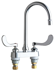 Chicago Faucets 895-317GN2AE29ABCP 4 inch Center Deck Mounted Sink Faucet with Rigid/Swing Gooseneck Spout, 2.2 GPM Pressure Compensating Lam-A-Flo™ Laminar Flow Outlet, 318 Indexed Wristblade Handles and Quaturn™ Cartridges