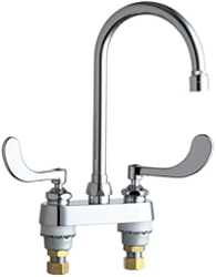 Chicago Faucets 895-317GN2AE29VPAB 4 inch Center Deck Mounted Sink Faucet with Rigid/Swing Gooseneck Spout, Vandal Resistant 2.2 GPM Pressure Compensating Laminar Flow Outlet, Indexed Wristblade Handles and Quaturn™ Cartridges