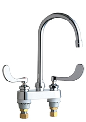 Chicago Faucets 895-317GN2AE3XKAB 4 inch Center Deck Mounted Sink Faucet with Rigid/Swing Gooseneck Spout, 2.2 GPM Pressure Compensating Softflo® Aerator, Indexed Wristblade Handles and Ceramic Disc Cartridges