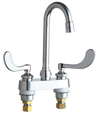 Chicago Faucets 895-317E2805-5VPHAB 4 inch Center Deck Mounted Sink Faucet with Rigid/Swing Gooseneck Spout, Vandal Resistant .5 GPM Econo-Flo Spray Outlet, Indexed Wristblade Handles and Quaturn™ Cartridges