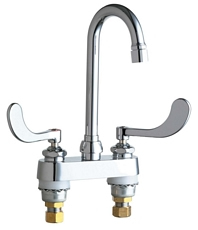 Chicago Faucets 895-317VPCABCP 4 inch Center Deck Mounted Sink Faucet with Rigid/Swing Gooseneck Spout, Vandal Resistant 2.2 GPM Pressure Compensating Softflo® Aerator, Indexed Wristblade Handles and Quaturn™ Cartridges