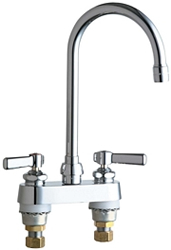 Chicago Faucets 895-GN2AE3ABCP 4 inch Center Deck Mounted Sink Faucet with Rigid/Swing Gooseneck Spout, 2.2 GPM Pressure Compensating Softflo® Aerator, Indexed Lever Handles and Quaturn™ Cartridges
