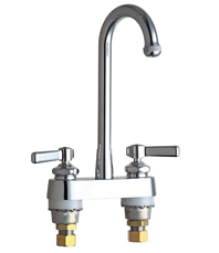Chicago Faucets 895-RGD1E1ABCP Service 4 inch Center Deck Mounted Sink Faucet with Rigid Gooseneck Spout, Quixtop Screen Outlet, Indexed Lever Handles and Quaturn™ Cartridges