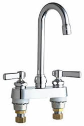 Chicago Faucets 895-VPCABCP 4 inch Center Deck Mounted Sink Faucet with Rigid/Swing Gooseneck Spout, Vandal Resistant 2.2 GPM Pressure Compensating Softflo® Aerator, Indexed Lever Handles and Quaturn™ Cartridges