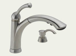Delta 16926-SSSD-DST - Lewiston Single Handle Pull-Out Kitchen Faucet With Soap Dispenser - Brilliance® Stainless Steel Finish