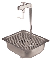 Fisher Stainless Steel Pedestal Glass Filler with Sink has an adjustable volume control. This glass filler works perfect with glass, plastic and paper cups and is available in different heights.