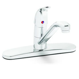 Speakman S-3762 - Vandal-resistant 8-inch single lever kitchen faucet. Polished chrome plated.  All metal shell and belly plate. Removable deck plate for single hole installation. All brass body and spout extend 9-inch from center of mounting holes. NSF