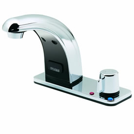 Speakman S-8712 - Battery powered lavatory faucet. Above-counter hot/cold mixer with built-in check valves, adjustable temperature limit stop. Solenoid with built-in filter. Batteries and electronics housed above counter. All metal chassis and removable
