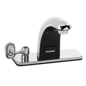 Speakman S-8717 - Battery powered lavatory faucet. Solenoid with built-in filter. Batteries and electronics housed above counter. All metal body and spout. Uses two (2) 3-volt lithium batteries. Low battery warning light (10% life remains). 60-second tim