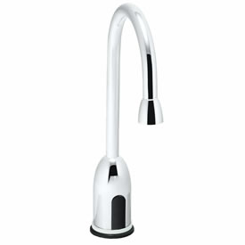 Speakman S-9100 - Battery powered slim gooseneck faucet. Solenoid with built-in filter. Electronics housed above counter. All brass body and spout. Uses two (2) 3-volt lithium batteries. Low battery warning light (10% life remains). 120-second time out f