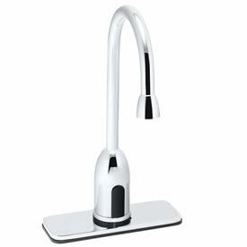 Speakman S-9111 - Battery powered slim gooseneck faucet. Solenoid with built-in filter. Electronics housed above counter. All brass body and spout. Uses two (2) 3-volt lithium batteries. Low battery warning light (10% life remains). 120-second time out f