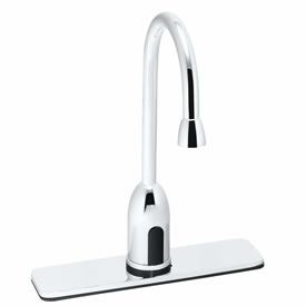 Speakman S-9120 - Battery powered slim gooseneck faucet. Solenoid with built-in filter. Electronics housed above counter. All brass body and spout. Uses two (2) 3-volt lithium batteries. Low battery warning light (10% life remains). 120-second time out f
