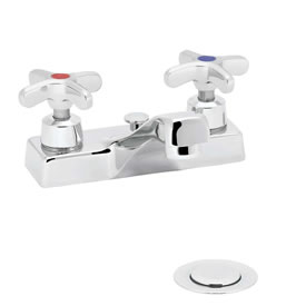 Speakman SC-3061 - Polished chrome plated centerset faucet. 1/4 turn ceramic cartridge. Vandal-resistant handles with color-coded indexes (SC-3062-REV revere handles are not color-coded). Accommodates installations up to 7/8-inch thick. 1-1/4-inch pop-up