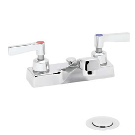 Speakman SC-3062 - Polished chrome plated centerset faucet. 1/4 turn ceramic cartridge. Vandal-resistant handles with color-coded indexes (SC-3062-REV revere handles are not color-coded). Accommodates installations up to 7/8-inch thick. 1-1/4-inch pop-up