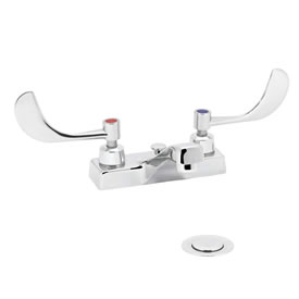 Speakman SC-3064 - Polished chrome plated centerset faucet. 1/4 turn ceramic cartridge. Vandal-resistant handles with color-coded indexes (SC-3062-REV revere handles are not color-coded). Accommodates installations up to 7/8-inch thick. 1-1/4-inch pop-up