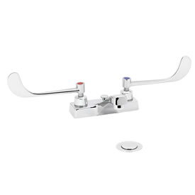 Speakman SC-3066 - Polished chrome plated centerset faucet. 1/4 turn ceramic cartridge. Vandal-resistant handles with color-coded indexes (SC-3062-REV revere handles are not color-coded). Accommodates installations up to 7/8-inch thick. 1-1/4-inch pop-up