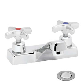 Speakman SC-3071 - Polished chrome plated centerset faucet. 1/4 turn ceramic cartridge. Vandal-resistant handles with color-coded indexes (SC-3072-REV revere handles are not color-coded). Accommodates installations up to 7/8-inch thick. Strainer drain. M