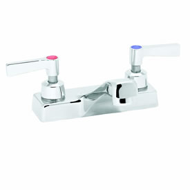Speakman SC-3072-LD - Polished chrome plated centerset faucet. 1/4 turn ceramic cartridge. Vandal-resistant handles with color-coded indexes (SC-3042-REV-LD revere handles are not color-coded). Accommodates installations up to 7/8-inch thick. No drain as