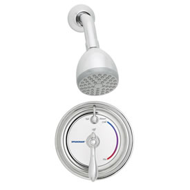 Speakman SM-3410 - SM-3400 anti-scald valve, S-2272-E2 showerhead and S-2500 arm and flange. Valve body with integral stops.