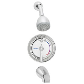 Speakman SM-3430 - SM-3400 anti-scald valve, S-2272-E2 showerhead, S-2500 arm and flange and S-1554 diverter tub spout.  Valve body with integral stops.