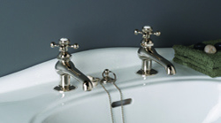 Strom Plumbing - P0012N Polished Nickel Antique Reproduction Individual Basin Faucets with Cross Handles. The P0012 metal cross handles have porcelain buttons for hot and cold.L