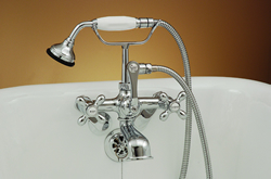 Strom Plumbing P0146 - British Telephone Clawfoot Tub Faucet with Handheld Shower Variable for Clawfoot bathtubs. This leg tub faucet has adjustable centers from 3-3/8” to 12” for tub wall installation.