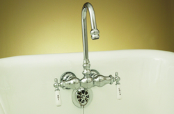 Strom Plumbing P0149-1 - Traditional Gooseneck Clawfoot Leg Tub Faucet with 3-3/8-inch Center Mounting and Porcelain Lever Handles.