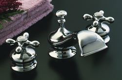 Strom Plumbing - P0376C Thames Polished Chrome Plated Widespread Lavatory Faucet with Traditional Spout, Cross Handles and Pop-Up Drain. Cross handles have porcelain button for hot and cold.