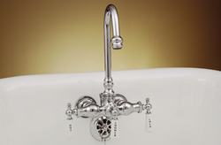 Strom Plumbing P0400 - Gooseneck Clawfoot Leg Tub Faucet with Diverter Outlet for Shower or Handshower. The P0400 mounts at 3-3/8-inch centers for use with any tub on legs.