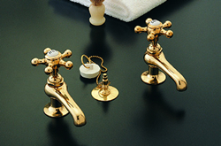 Strom Plumbing - P0463S Supercoat Brass Antique Reproduction Individual Basin Faucets with 5-Point Cross Handles. The P0463 metal cross handles have porcelain buttons for hot and cold.