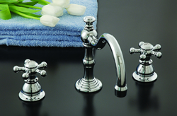 Strom Plumbing - P0588C Rio Grande Polished Chrome Plated Widespread Lavatory Faucet with High Spout and 5 Point Cross Handles. Cross handles have porcelain button for hot and cold.