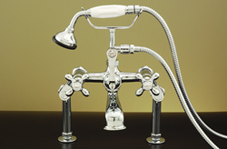 Strom Plumbing P0626C Polished Chrome Deck Mount Faucet with Hand Shower, Metal Cross Handles, 6 inch Deck Couplers and adjustable centers to 12 inches.