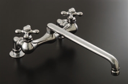 Strom Plumbing - P0827C Antique Bridge Style 8-inch Center Deck Mount Kitchen Faucet with 12" Straight Spout and Cross Handles. The P0827C has metal cross handles with porcelain buttons for hot and cold.