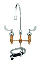 T&S Brass - Medical Faucet w/Sidespray, 8-inch Centers, Gooseneck w/Rosespray Aerator, 4-inch Wrist Handles