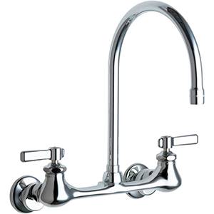 Chicago Faucets - 540-LDGN8AE3ABCP 8 inch Center Wall Mounted Faucet with Gooseneck Swing Spout. The Chicago Faucets 540 series is built for commercial use, but maintains the traditional quality Chicago has delivered for over 100 years.