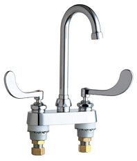 Chicago Faucets 895-317E29VPABCP 4 inch Center Deck Mounted Sink Faucet with Rigid/Swing Gooseneck Spout, Vandal Resistant 2.2 GPM Pressure Compensating Lam-A-Flo™ Laminar Flow Outlet, Indexed Wristblade Handles and Quaturn™ Cartridges