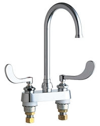 Chicago Faucets 895-317GN2FCAB 4 inch Center Deck Mounted Sink Faucet with Rigid/Swing Plain End Gooseneck Spout, 1.6 GPM Laminar Flow Control Device in Spout, Indexed Wristblade Handles and Quaturn™ Cartridges
