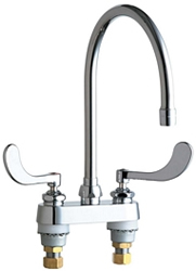 Chicago Faucets 895-317GN8AE29VPAB 4 inch Center Deck Mounted Sink Faucet with large Rigid/Swing Gooseneck Spout, Vandal Resistant 2.2 GPM Pressure Compensating Laminar Flow Outlet, Indexed Wristblade Handles and Quaturn™ Cartridges