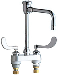 Chicago Faucets 895-317GN8BVBE3-2AB 4 inch Center Deck Mounted Sink Faucet with GN8BVB Rigid/Swing Atmospheric Vacuum Breaker Gooseneck Spout, 2.2 GPM Pressure Compensating Softflo® Aerator, Indexed Wristblade Handles and Quaturn™ Cartridges