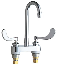 Chicago Faucets 895-317RGD1VPCABCP 4 inch Center Deck Mounted Sink Faucet with Rigid Gooseneck Spout, Vandal Resistant 2.2 GPM Pressure Compensating Softflo® Aerator, Indexed Wristblade Handles and Quaturn™ Cartridges