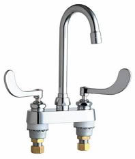 Chicago Faucets 895-317VPAABCP 4 inch Center Deck Mounted Sink Faucet with Rigid/Swing Gooseneck Spout, Vandal Resistant 2.2 GPM Pressure Compensating Softflo® Aerator, Indexed Wristblade Handles and Quaturn™ Cartridges