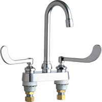 Chicago Faucets 895-319ABCP 4 inch Center Deck Mounted Sink Faucet with Rigid/Swing Gooseneck Spout, 2.2 GPM Pressure Compensating Softflo® Aerator, 319 6 inch Indexed Wristblade Handles and Quaturn™ Cartridges