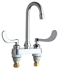 Chicago Faucets 895-E35-317ABCP 4 inch Center Deck Mounted Sink Faucet with Rigid/Swing Gooseneck Spout, E35 1.5 GPM Pressure Compensating Softflo® Aerator, Indexed Wristblade Handles and Quaturn™ Cartridges