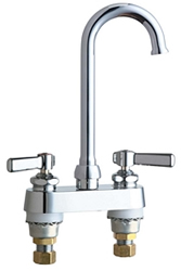 Chicago Faucets 895-GN1FCABCP 4 inch Center Deck Mounted Sink Faucet with Rigid/Swing Plain End Gooseneck Spout, 1.6 GPM Laminar Flow Control Device in Spout, Indexed Lever Handles and Quaturn™ Cartridges