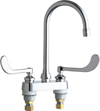 Chicago Faucets 895-GN2AE3-319ABCP 4 inch Center Deck Mounted Sink Faucet with Rigid/Swing Gooseneck Spout, 2.2 GPM Pressure Compensating Softflo® Aerator, 319 6 inch Indexed Wristblade Handles and Quaturn™ Cartridges