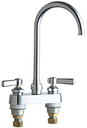 Chicago Faucets 895-GN2FCABCP 4 inch Center Deck Mounted Sink Faucet with Rigid/Swing Plain End Gooseneck Spout, 1.6 GPM Laminar Flow Control Device in Spout, Indexed Lever Handles and Quaturn™ Cartridges