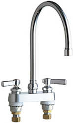 Chicago Faucets 895-GN8AE3VPAABCP 4 inch Center Deck Mounted Sink Faucet with large Rigid/Swing Gooseneck Spout, Vandal Resistant 2.2 GPM Pressure Compensating Softflo® Aerator, Indexed Lever Handles and Quaturn™ Cartridges