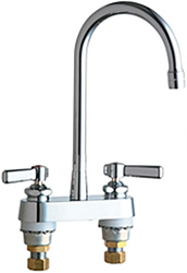 Chicago Faucets 895-RGD2ABCP 4 inch Center Deck Mounted Sink Faucet with Rigid Gooseneck Spout, 2.2 GPM Pressure Compensating Softflo® Aerator, Indexed Lever Handles and Quaturn™ Cartridges