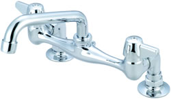 Central Brass 0045-A - Ledge Sink Fitting with 1/2-14 NPS female elbow inlet on 8-inch centers, 6-inch tube spout with 2.0 GPM aerator, and replaceable seats.